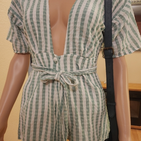 SPRING BOHO Lovers +FRIENDS Striped Green and White Romper, - Picture 7 of 14
